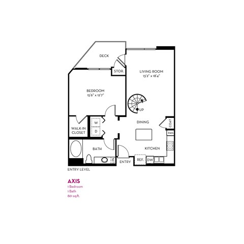 Floor plan for 1 bed, 1 bath, 861 sqft